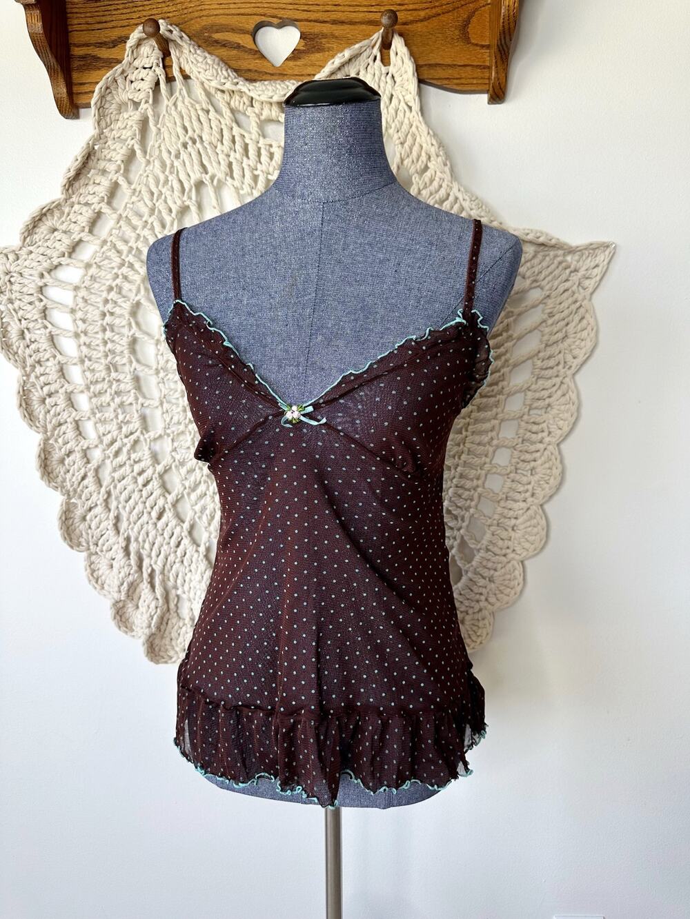 Rampage Vintage Y2K Chocolate Brown Icy Blue Polka Dot Sheer Babydoll Tank Large